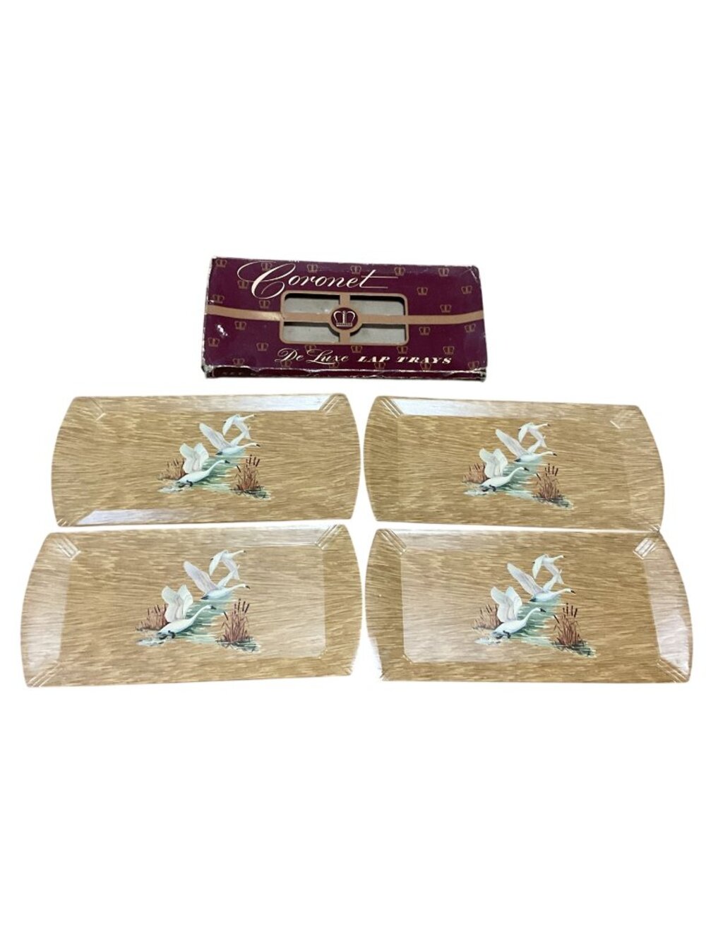 Vtg Coronet Deluxe Lap Trays Set Of 4 With Swan Design Wood Finish Original Box